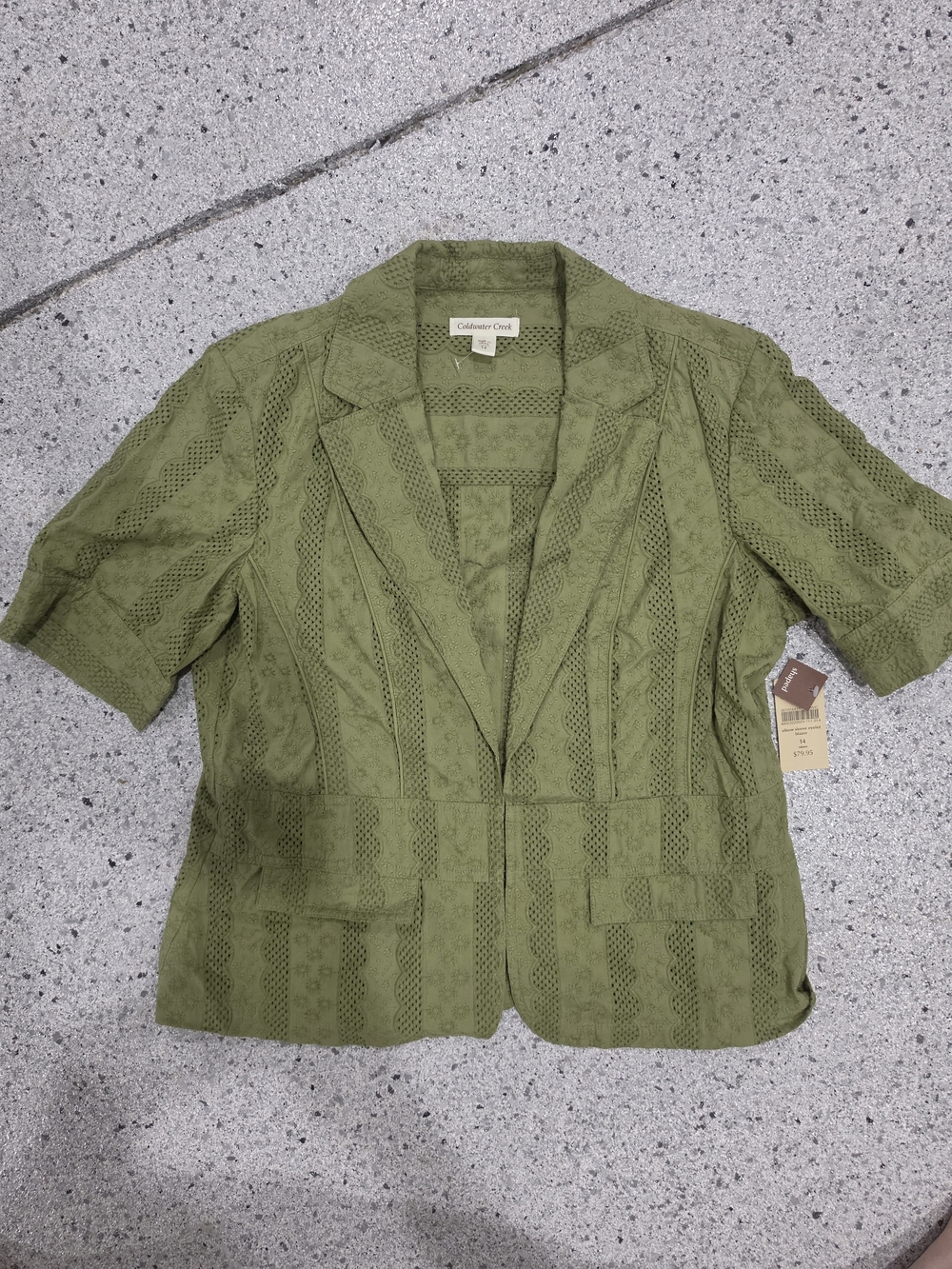 Coldwater Creek NWT Size 14 Green Eyelet Embroidered Short Sleeve Blazer